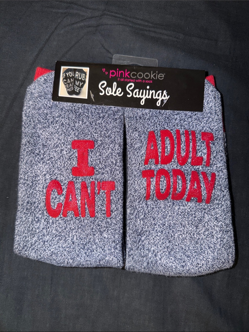 Pink Cookie Navy Crew Socks with Red 'I CAN'T ADULT TODAY' Text as Grip